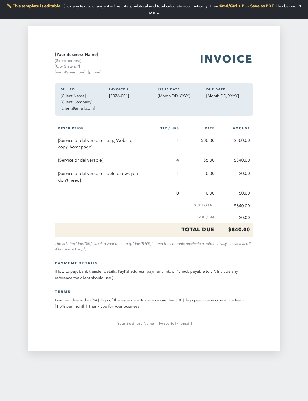 The editable invoice template open in a browser